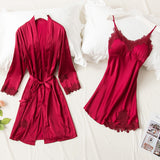 5PCS Robe Sleep Suit Pajamas Set Sexy Lace Stain Red Pajamas Women Silk Pyjamas Dressing Gown Summer Robe Sleepwear Chest Pads