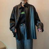 Wenkouban New Women oversized PU leather blouses 2023 Spring Autumn Black Faux Leather Basic Coat Turn-down Collar Motor Biker Jacket