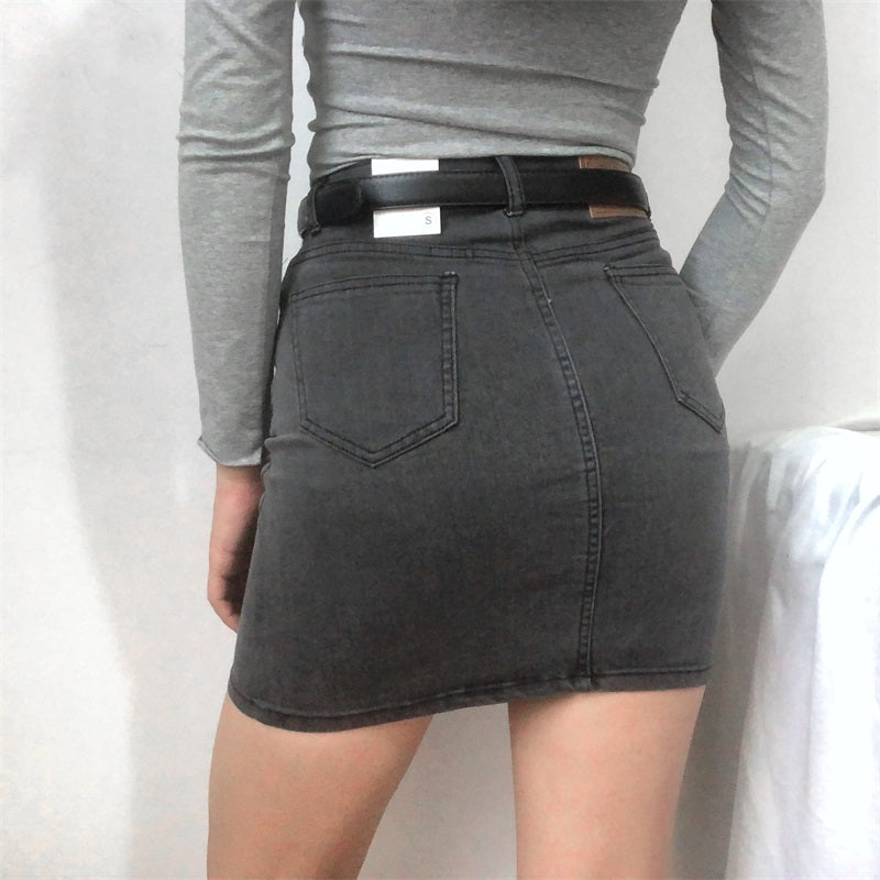 Wenkouban - Retro High-Waisted Denim Skirt