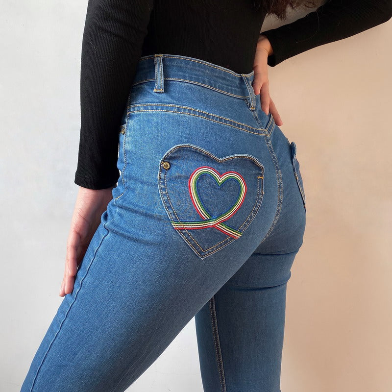 Wenkouban - Rainbow Love Heart Bell Bottom Jeans ~ HANDMADE