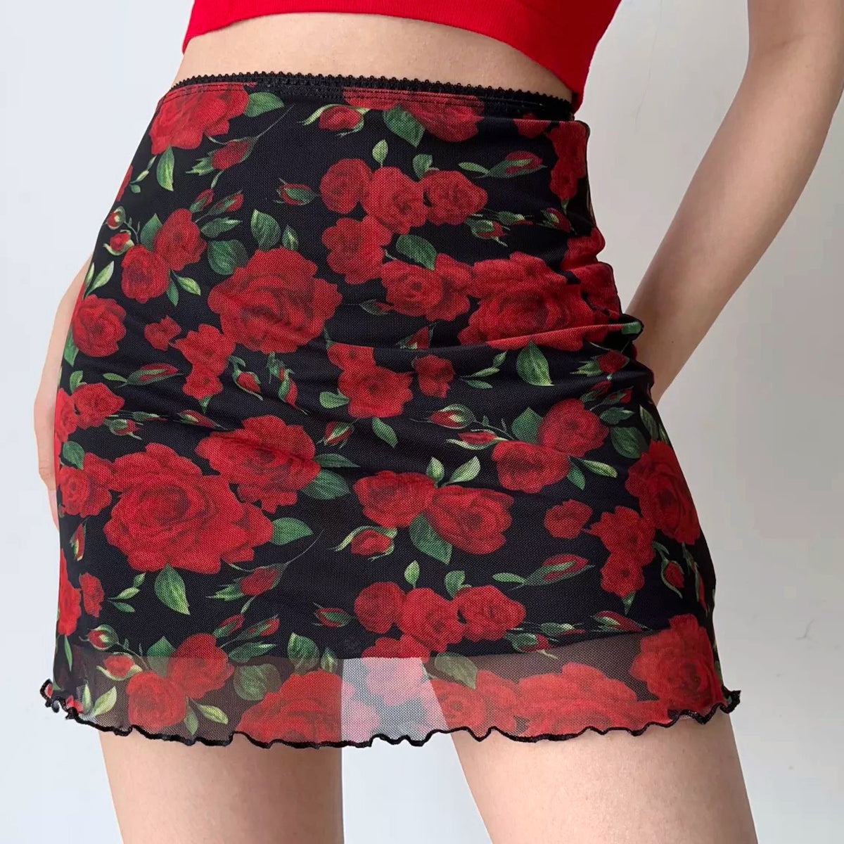 Wenkouban - Vintage Roses Mesh Skirt ~ HANDMADE