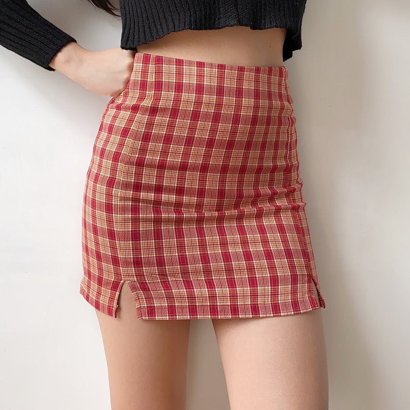 Wenkouban - Red Cara Plaid Skirt
