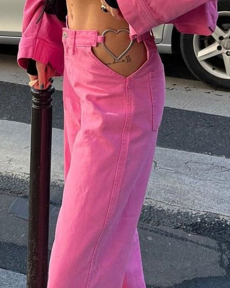 Wenkouban Women's Baggy Pink Jeans Female Hollow Waist With Heart Shape Pants Fashion Wide Leg Pockets Straight Denim Cool Trousers