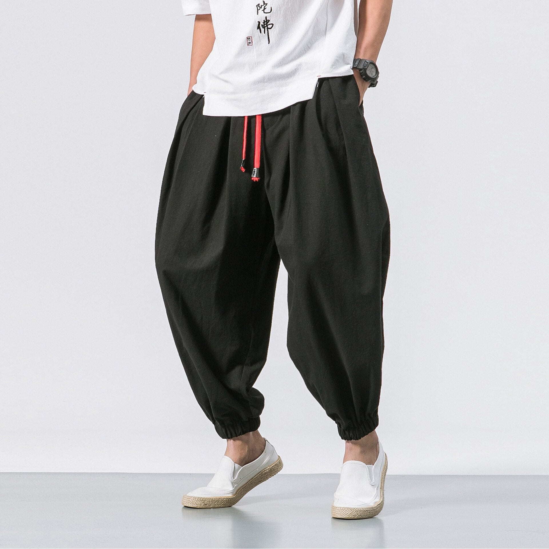 Wenkouban Mens Vintage Hip Hop Style Baggy Jeans New Chinese Style Harem Pants Men Streetwear Casual Joggers Mens Pants Cotton Linen Sweatpants Ankle-Length Men Trousers M-5XL