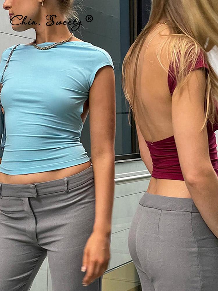 Wenkouban Sexy Cut Out Backless Cropped Top Woman Solid Short Sleeve Skinny Y2K Tops 2022 Summer Multi Ways Wear Basic Women's T-Shirt