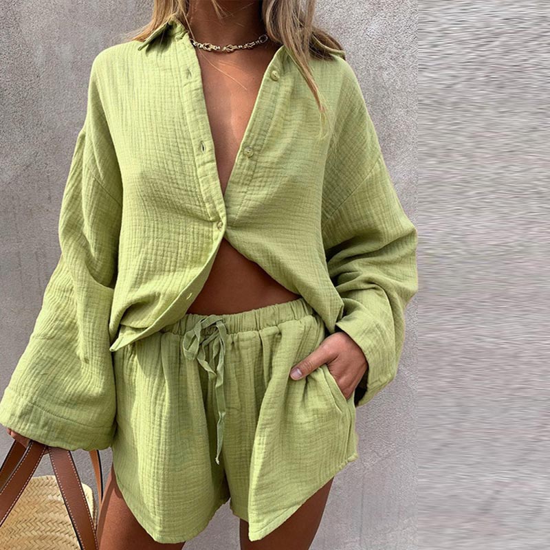 Wenkouban Back To School Women Casual Tracksuit Shorts Set Summer Long Sleeve Shirt Tops And Mini Drawstring Shorts Suit Lounge Wear Two Piece Set