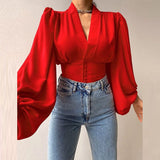 Wenkouban New Women Solid Chiffon Button Shirt Blouses For Women Puff Long Sleeve Tops Women  V Neck Clothing 2022 Female Button Up Shirt