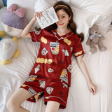 Wenkouban Pajamas Women's Summer Silk V-Neck Short-Sleeved Two-Piece Suit Students Sweet And Cute Ice Silk Home Clothes Women