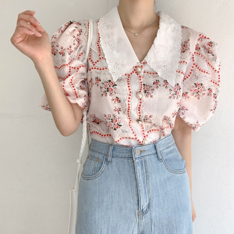 Graduation Gifts   Korean Vintage Print Shirt Women Summer Puff Sleeve Floral Blouse Women 2022 Fashion Embroidery Blouses Tops Blusas Mujer 15343