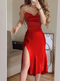 Wenkouban Women Fashion Spaghetti Strap Midi Dress Slip Dress Women Sexy Slim Fit Bodycon High Slit Party Dress