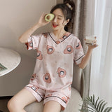 Wenkouban Women's Summer Thin Ice Silk Pajamas Short-Sleeved Korean Version Cute Silk Student Cartoon Home Clothes Two-Piece Suit