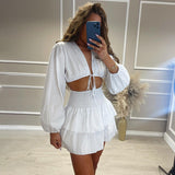 Wenkouban  V Neck Short Tops Suits Women Fashion Lace Up Solid Suit Women Elegant Ruffle Mini Skirts Suits Female Ladies