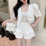 Wenkouban Summer High Quality Elegant 3D Flower Appliques 2 Piece Sets Women Diamond Short Sleeve Tops + Wide Leg Shorts Sets