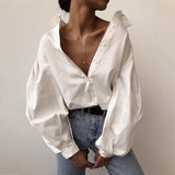 Wenkouban Casual Vintage Button White Blouse Women Lantern Sleeve Oversized Loose Women Shirt Cotton Office Ladies Tops Blusas