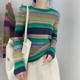Wenkouban Autumn And Winter Ladies Elegant Lapel Rainbow Stripes Jacket Office Ladies 3/4 Petal Sleeve Casual Cute Single-Breasted Jacket