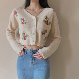 Wenkouban Vintage Embroidery Short Knitted Cardigan Women Crop Top Korean Style V-Neck Long Sleeve Buttons Slim Thin Sweater Coat Female