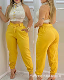 Wenkouban  2022 Women's New Yellow Halter Top Trousers Suit-trousers with Laces 2-piece Set