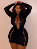 Wenkouban Sunny Autumn Neon Sexy Y2K Clothes Hollow Out Long Sleeve O-Neck Bodycon Mini Dresses For Women Club Party Elegant Outfits