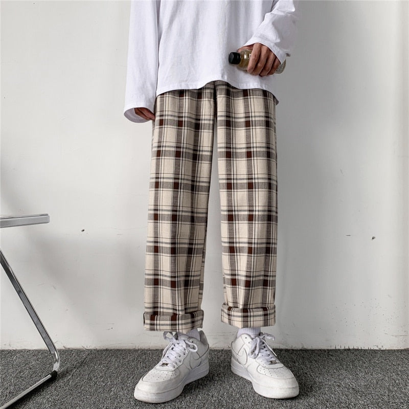 Wenkouban Back To School  Plaid Pants Men Linens Korean Checked Trousers Male Streetwear Fashion Bottoms Summer Wide Leg Pants Harajuku Breathable