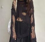 Wenkouban Gothic Hollow Out Sweater Hole See Through Oversized Knitted Pullovers Emo Streetwear Grunge Clothes Y2k Tops Spring