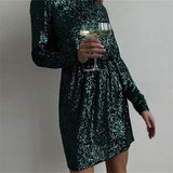 Wenkouban Sequins Women Long Sleeve Belt Mini Party Dress Loose O-Neck Ladies Solid Bling Fashion Vestidos 2023 New Year Formal Dresses