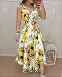 Wenkouban Women's lace-up sunflower print 2023 new summer dress