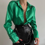 Wenkouban Spring Women's Satin Shirt Women Elegant Office Silk Shirts Lady Fashion Irregular Green New Long Sleeve Formal Female Top