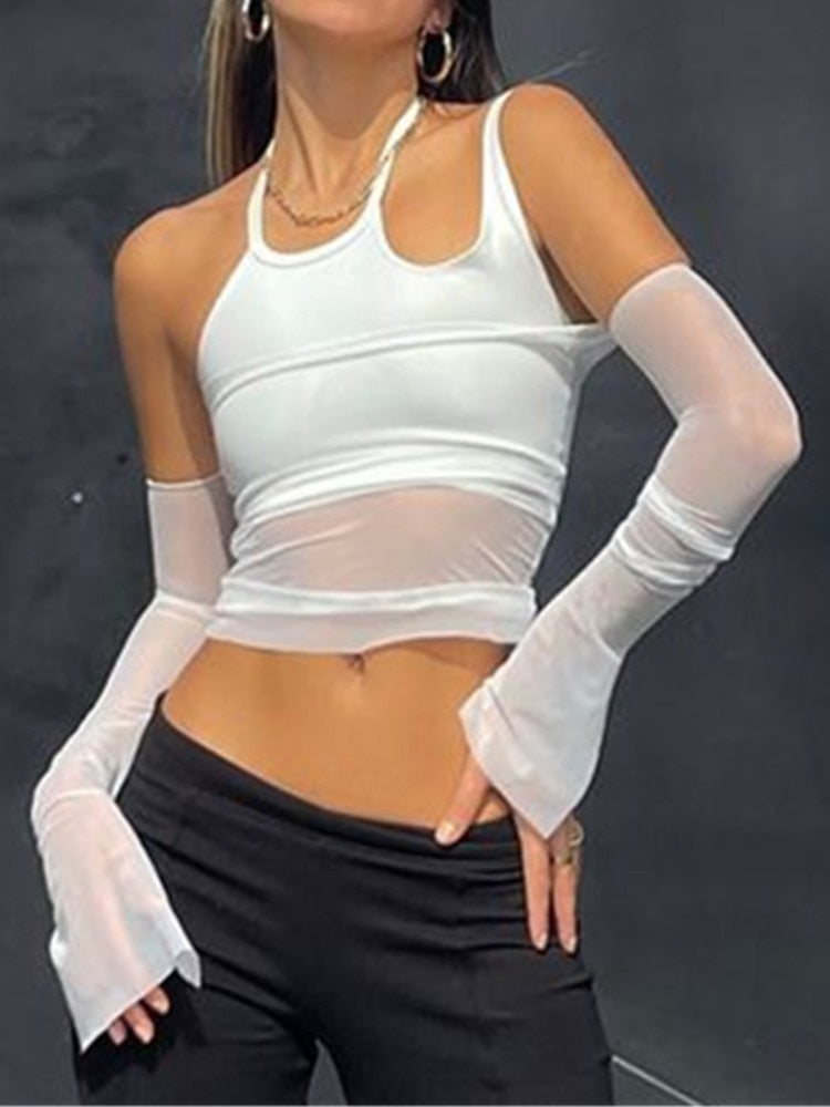 Wenkouban Y2K Mesh Top Women Long Sleeve Fashion Tees Sexy Streetwear Bodycon Transparent Hollow Out White T-Shirt