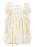 Wenkouban  Puff Sleeves Woman Party Dress Evening Chic Square Collar Ball Gown Dress Short Beige Satin Dresses Pleated Ladies