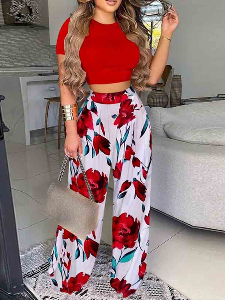 Graduation Gifts New Summer Women Two Piece Sets Elegant Print Office Outfits O Neck Short Sleeve T-shirt  Pullover + Wide Leg Pants Woman Suits