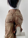 Wenkouban Y2K Brown Cargo Pants Women 90S Vintage Grunge High Waist Baggy Jeans Streetwear Wide Leg Loose Denim Trousers Female