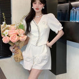 Wenkouban Summer High Quality Elegant 3D Flower Appliques 2 Piece Sets Women Diamond Short Sleeve Tops + Wide Leg Shorts Sets