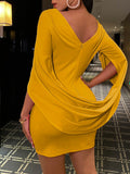 Wenkouban Women Cloak Sleeve Dress Party Dress Runched Long Sleeve  Slim Fit Club Bodycon Mini Dress