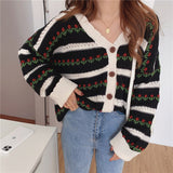 Wenkouban Autumn Printed Cardigans Women Casual Hollow Out Floral Knitted Sweater Vintage Loose Long Sleeve Cardigan Tops Female Knitwear