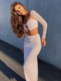 Wenkouban Women Y2K Clothes 2 Pieces Long Sleeve Backless Crop Top High Waist Bodycon Maxi Skirt Matching Set Club Party Elegant