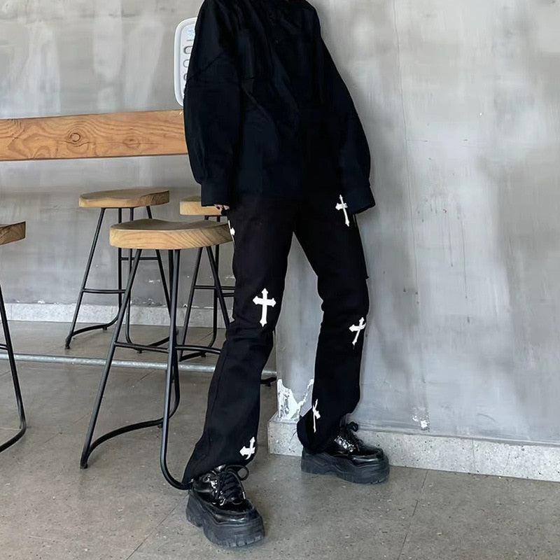 Wenkouban Gothic Denim Trousers Male Jeans For Men 2023 Goth Flare Pants Men Jeans Pants Slim Fit Punk Rave Hip Hop Streetwear