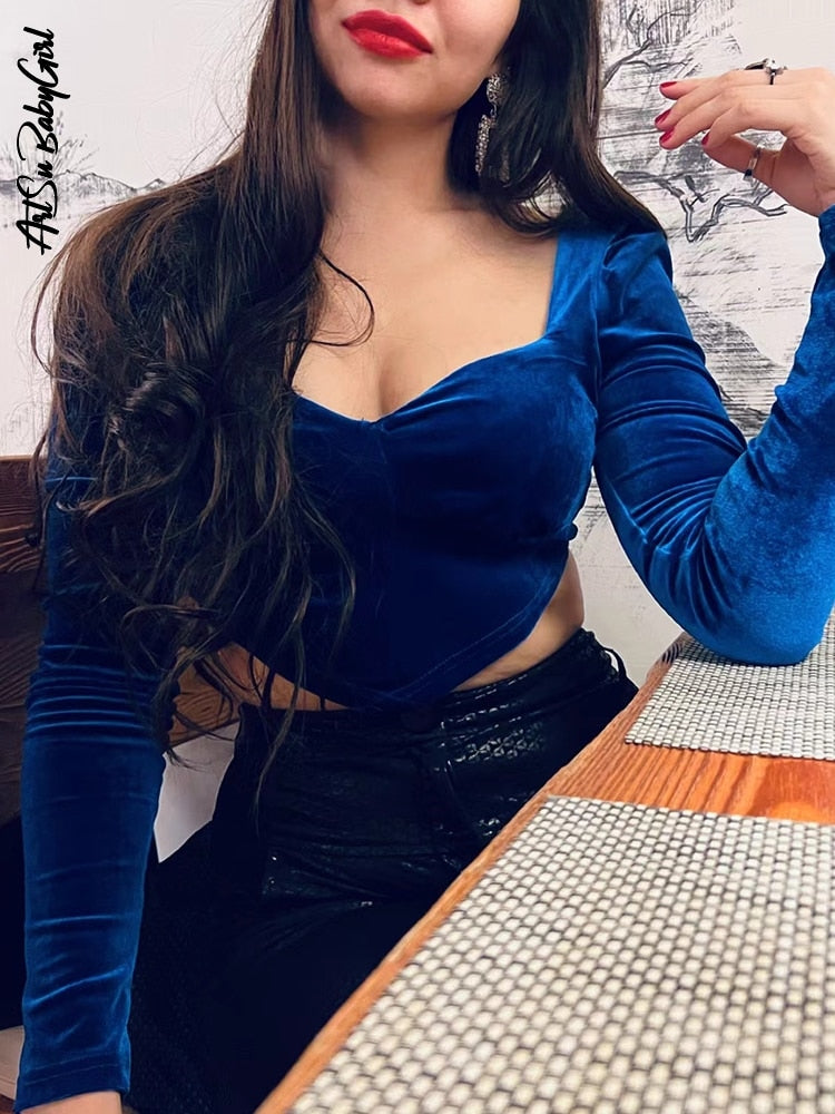 Velvet Crop Top Long Sleeve Top Women Sexy Corset Top Deep V Neck T-Shirt Fall Spring Slim Blue Tees Club Outfits Y2K Clothes