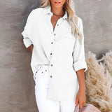 Wenkouban Casual Linen Women Blouse Shirts Summer Lapel Button Down Shirts Long Sleeve Solid Office Tops Female Loose Pocket Cotton Shirts