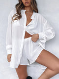 Wenkouban Back To School Summer Sexy Loose Beach Shirt Outfits Women Elegant Long Sleeve Blouse And Shorts Suits Fashion Solid Single-Breasted Tops Set