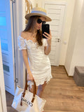 Wenkouban Lace Up Embriodery White Summer Dress Women Hollow Out Beach Short Dress Puff Sleeve Ruffle Ruched Bodycon Mini Dress Vestidos