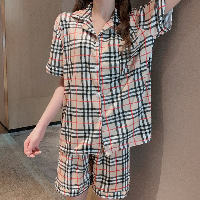 Wenkouban 2022 Women Pyjama Set Cotton Short-Sleeve Summer Plaid Pajamas Women's Two Piece Sets Home Wear Suits Sleepwear
