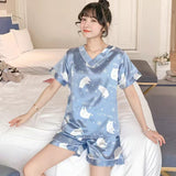 Wenkouban Women's Summer Thin Ice Silk Pajamas Short-Sleeved Korean Version Cute Silk Student Cartoon Home Clothes Two-Piece Suit