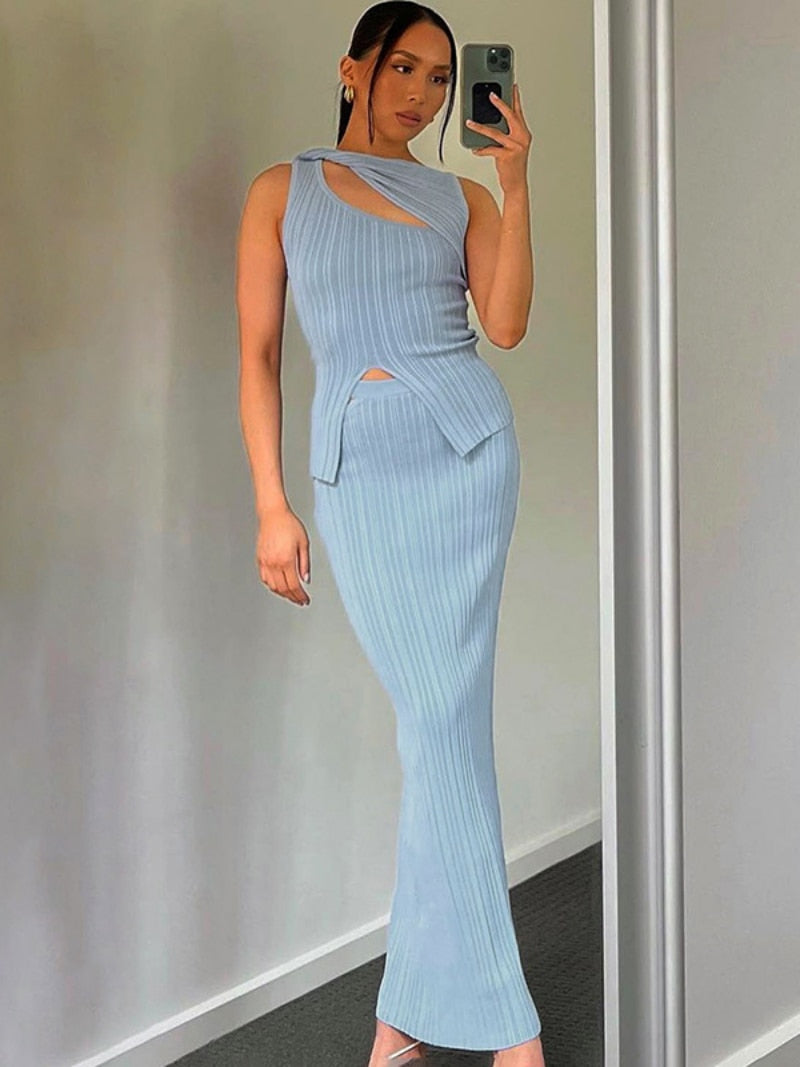 BACK TO COLLEGE  Fashion Women Hollow Out Sleeveless Tank Tops and Long Skirts Two Pieces Summer Set Streetwear Female Casual Office Dresses Sets