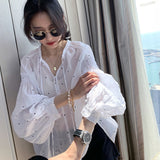 Graduation Gifts   Plus Size Polka Dot Women Shirt Korean Loose Ladies Button Tops Thin See Through Long Sleeve White Blouse Women Fashion 15561