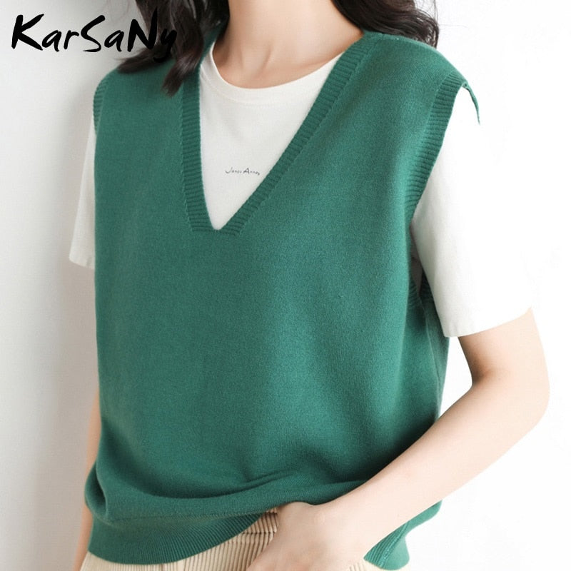 Back To School Insulated Vest For Women Solid Slim Green Sweater Sleeveless Knitted Vest Female V Neck Classic Tops Women's Fashion Vests 2022
