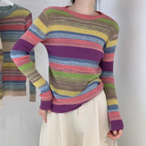 Wenkouban Autumn And Winter Ladies Elegant Lapel Rainbow Stripes Jacket Office Ladies 3/4 Petal Sleeve Casual Cute Single-Breasted Jacket