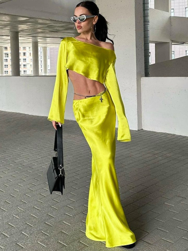 BACK TO COLLEGE   Autumn Diagonal Collar Long Sleeve Cropped T-shirts and Long Maxi Skirts Two Piece Sets for Women Party Dress Streetwear