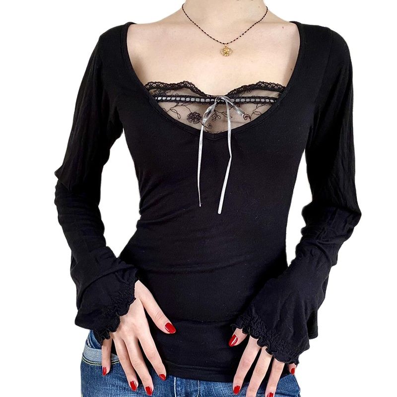 Long Sleeve T-Shirt Black Top Women Patchwork Lace Crop Top Winter Spring Women Pulovers Sexy Skinny V Neck Tees 90s Y2K Clothes
