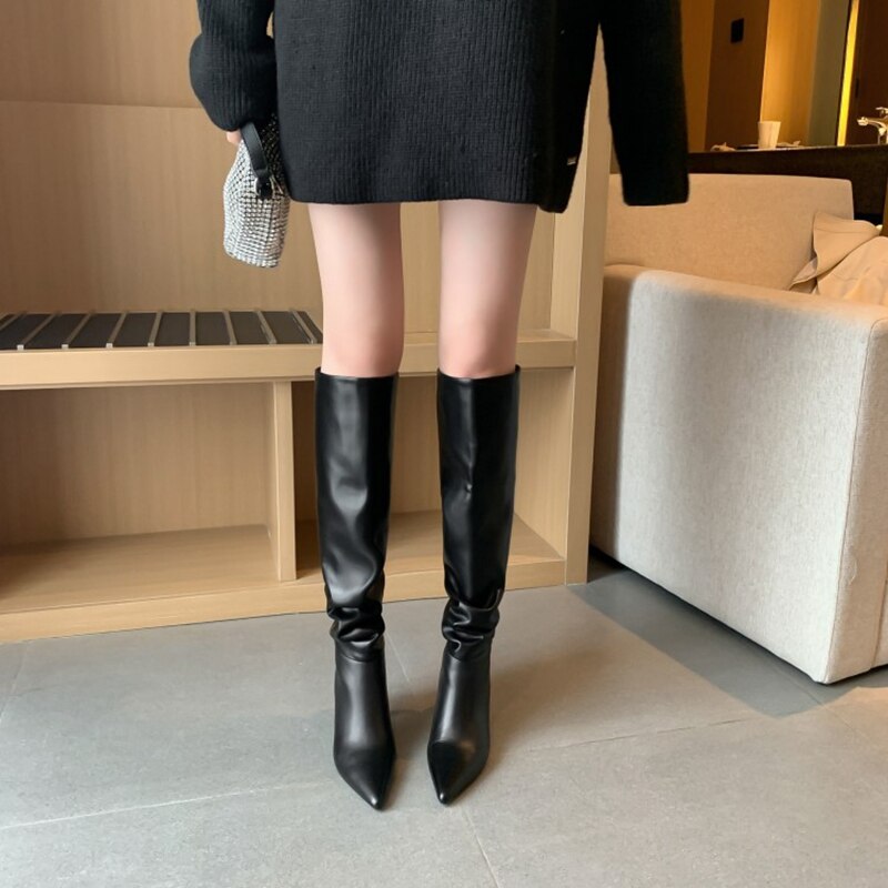 Wenkouban Autumn Boots     NEW Fall Shoes Women Pointed Toe Stiletto Leather Boots for Women INS Fashion Knee-high Boots Solid Pleated High Heel Boots