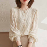 Graduation Gifts   Elegant Lace Crochet Women's Blouse Sweet Autumn Vintage Flowers Button Shirt O Neck Casual Loose Long Sleeve Blouses Tops 16619